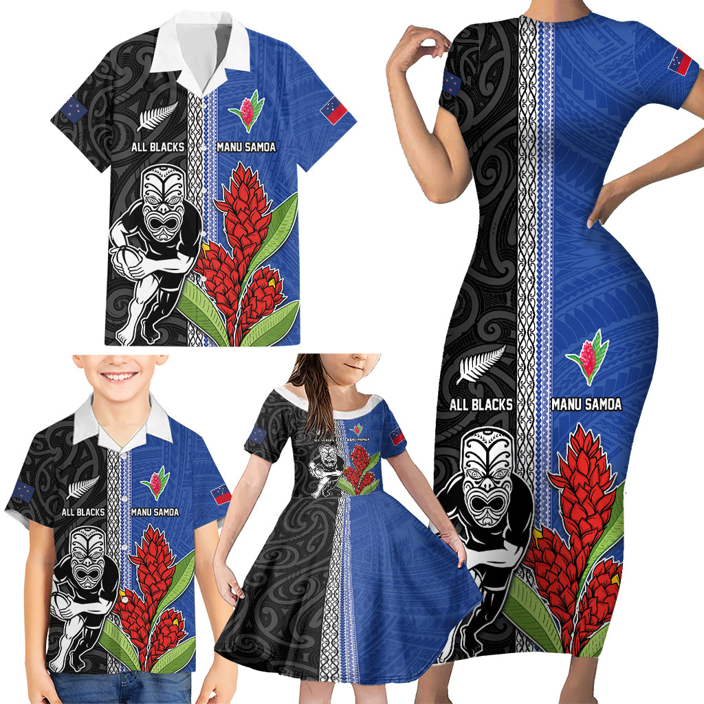 Custom Samoa and New Zealand Rugby Family Matching Short Sleeve Bodycon Dress and Hawaiian Shirt Teuila Samoan and Maori Warrior LT03 - Polynesian Pride