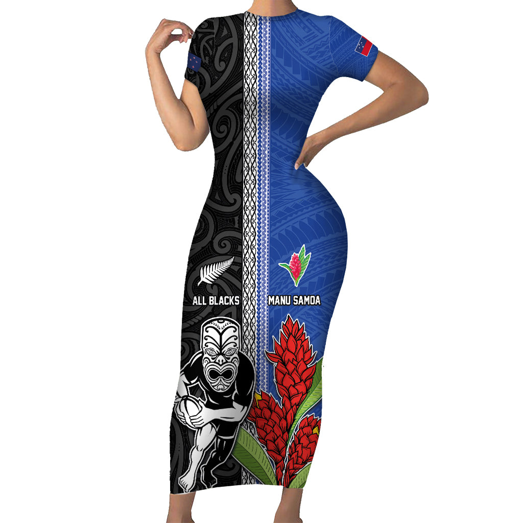 Custom Samoa and New Zealand Rugby Family Matching Short Sleeve Bodycon Dress and Hawaiian Shirt Teuila Samoan and Maori Warrior LT03 Mom's Dress Black - Polynesian Pride