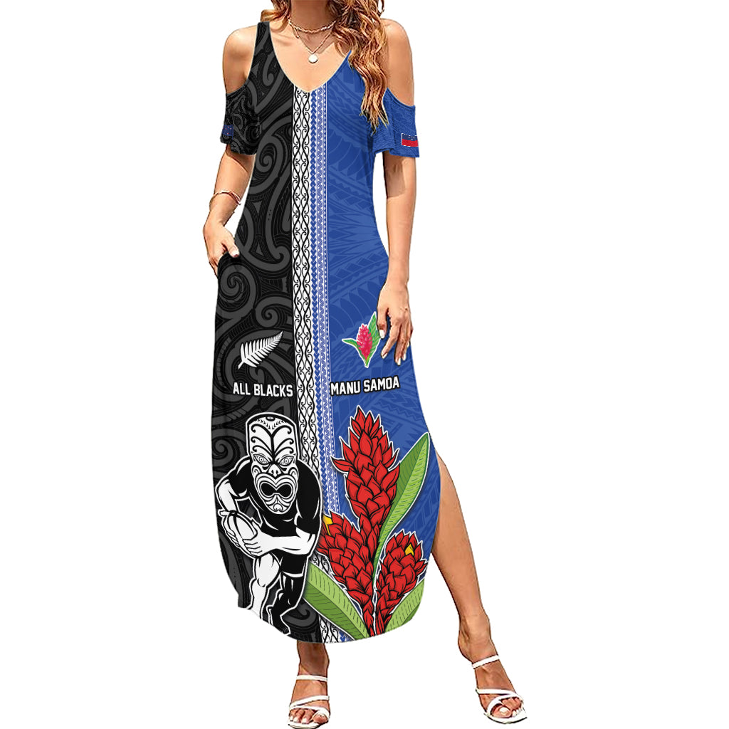 Custom Samoa and New Zealand Rugby Family Matching Summer Maxi Dress and Hawaiian Shirt Teuila Samoan and Maori Warrior LT03 Mom's Dress Black - Polynesian Pride