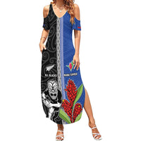 Custom Samoa and New Zealand Rugby Family Matching Summer Maxi Dress and Hawaiian Shirt Teuila Samoan and Maori Warrior LT03 Mom's Dress Black - Polynesian Pride