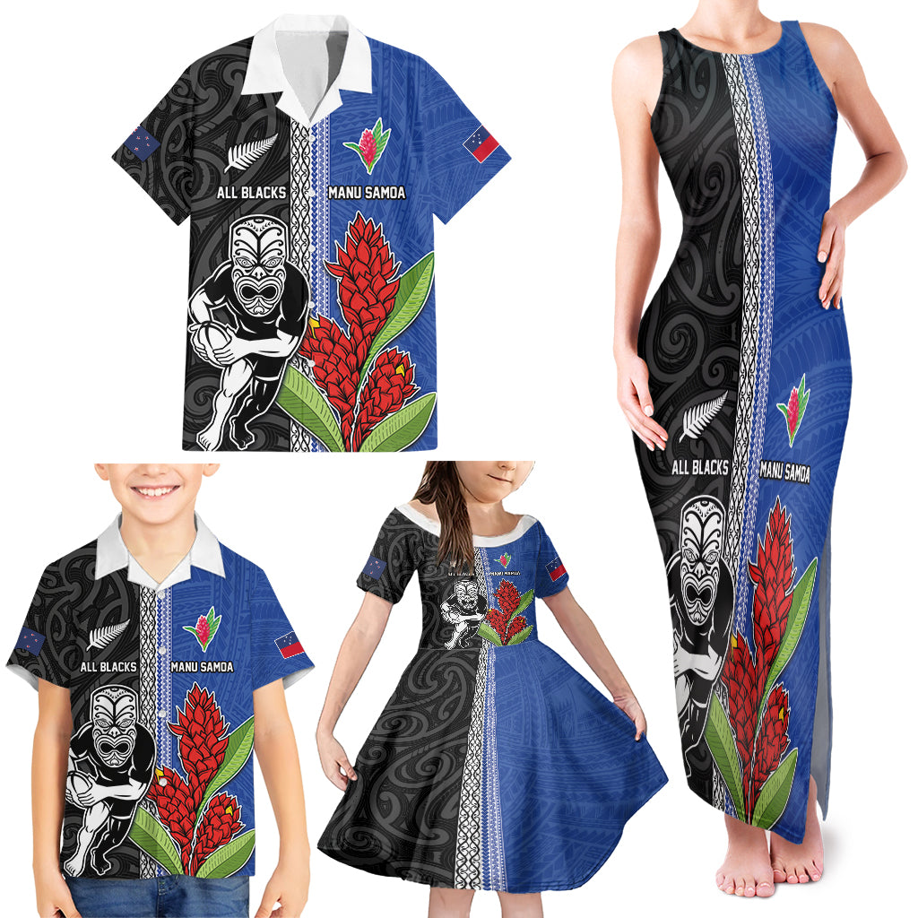 Custom Samoa and New Zealand Rugby Family Matching Tank Maxi Dress and Hawaiian Shirt Teuila Samoan and Maori Warrior LT03 - Polynesian Pride