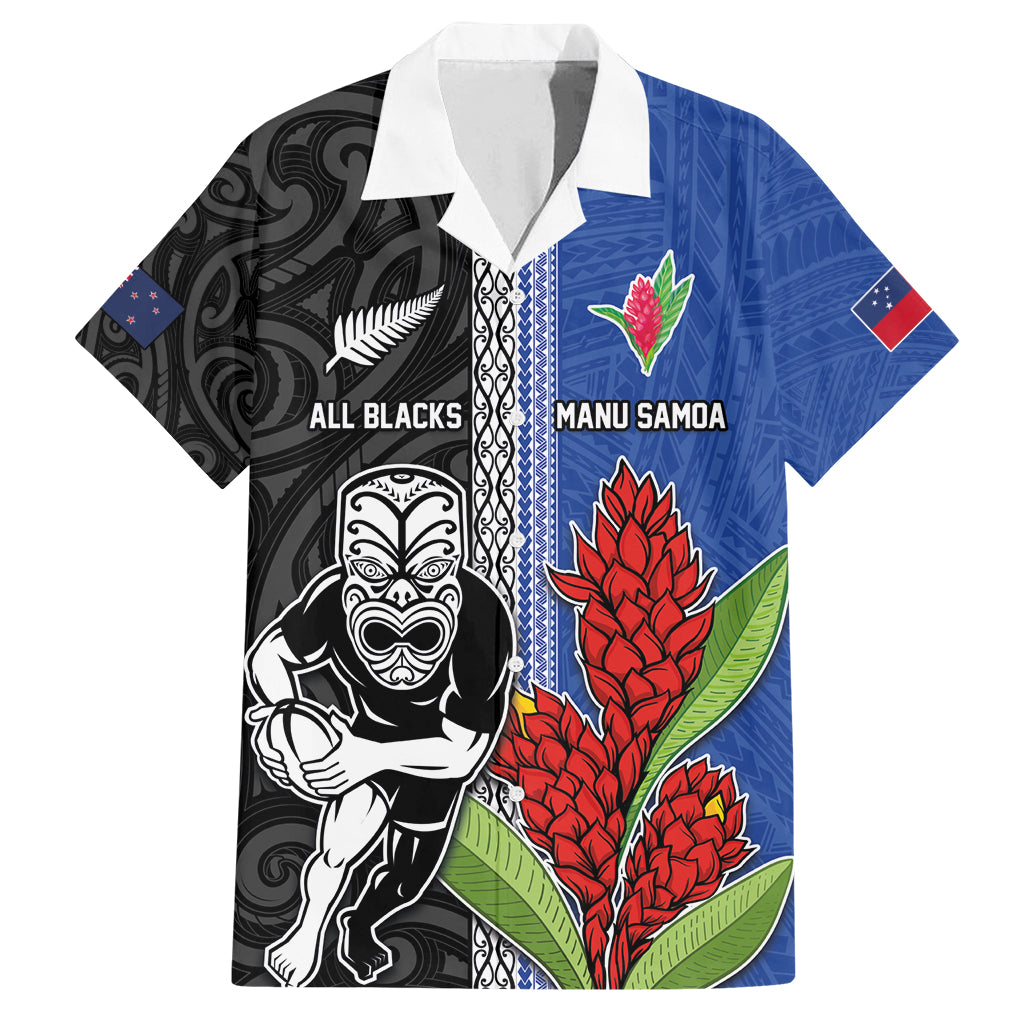 Custom Samoa and New Zealand Rugby Family Matching Tank Maxi Dress and Hawaiian Shirt Teuila Samoan and Maori Warrior LT03 Dad's Shirt - Short Sleeve Black - Polynesian Pride