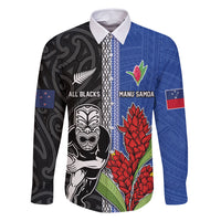 Custom Samoa and New Zealand Rugby Family Matching Tank Maxi Dress and Hawaiian Shirt Teuila Samoan and Maori Warrior LT03 Dad's Shirt - Long Sleeve Black - Polynesian Pride