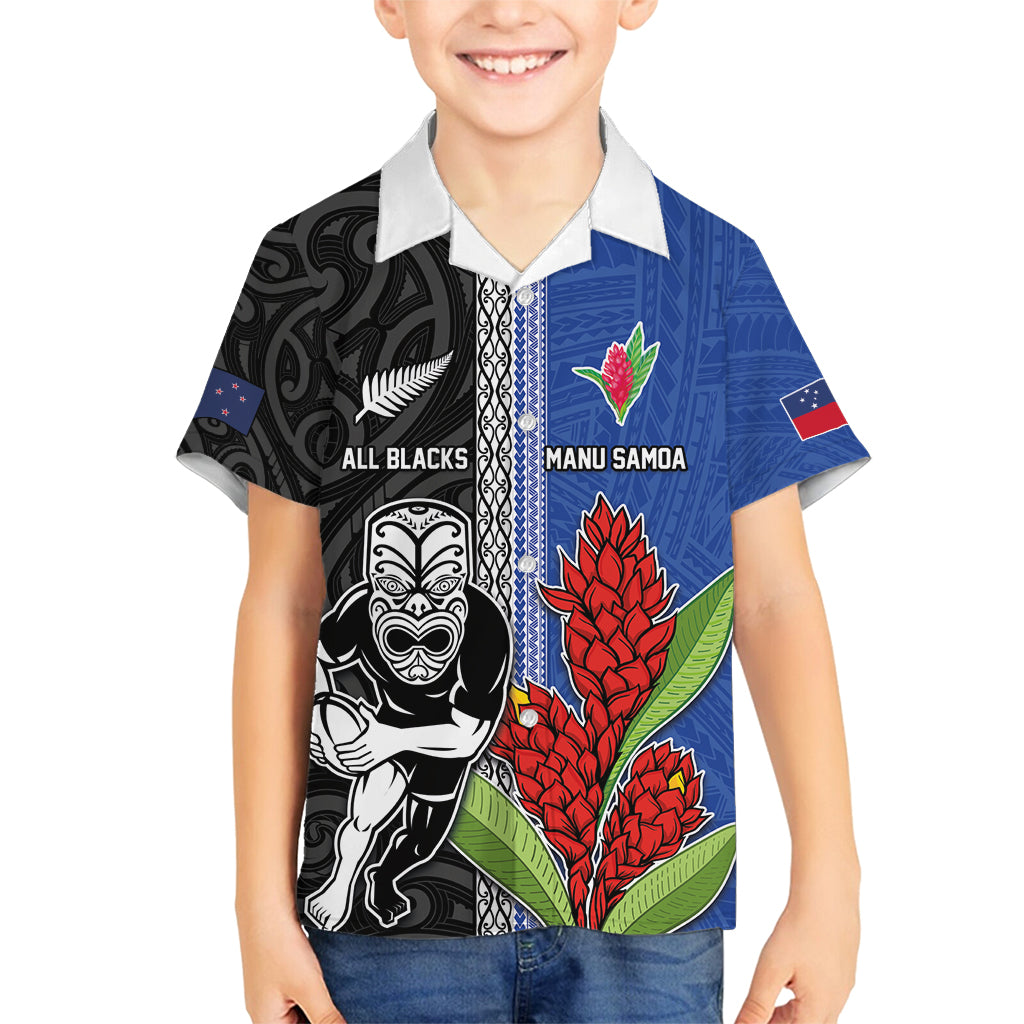 Custom Samoa and New Zealand Rugby Family Matching Tank Maxi Dress and Hawaiian Shirt Teuila Samoan and Maori Warrior LT03 Son's Shirt Black - Polynesian Pride