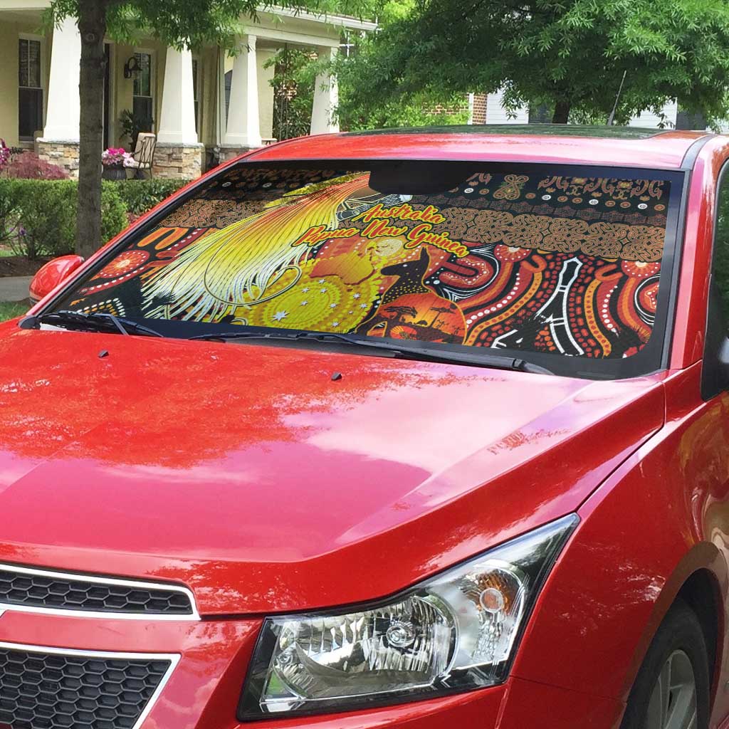 Australia and Papua New Guinea Together Auto Sun Shade Kangaroo Aboriginal Art and Bird-of-paradise Oro Tribal Motifs LT03 - Polynesian Pride