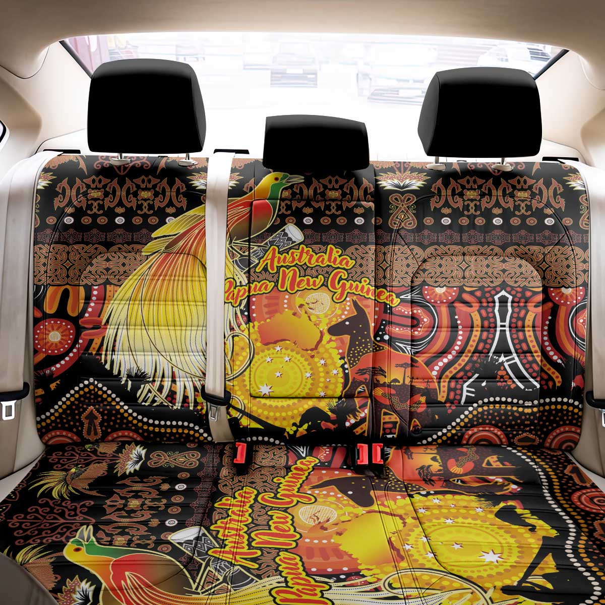 Australia and Papua New Guinea Together Back Car Seat Cover Kangaroo Aboriginal Art and Bird-of-paradise Oro Tribal Motifs - Polynesian Pride