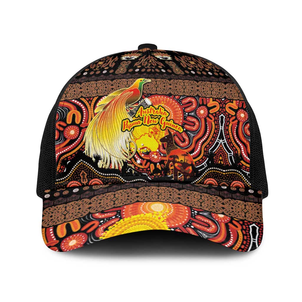 Australia and Papua New Guinea Together Baseball Net Cap Kangaroo Aboriginal Art and Bird-of-paradise with Oro Tribal Motifs - Polynesian Pride