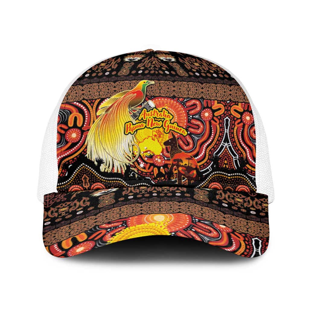 Australia and Papua New Guinea Together Baseball Net Cap Kangaroo Aboriginal Art and Bird-of-paradise with Oro Tribal Motifs LT03 One Size White Black - Polynesian Pride