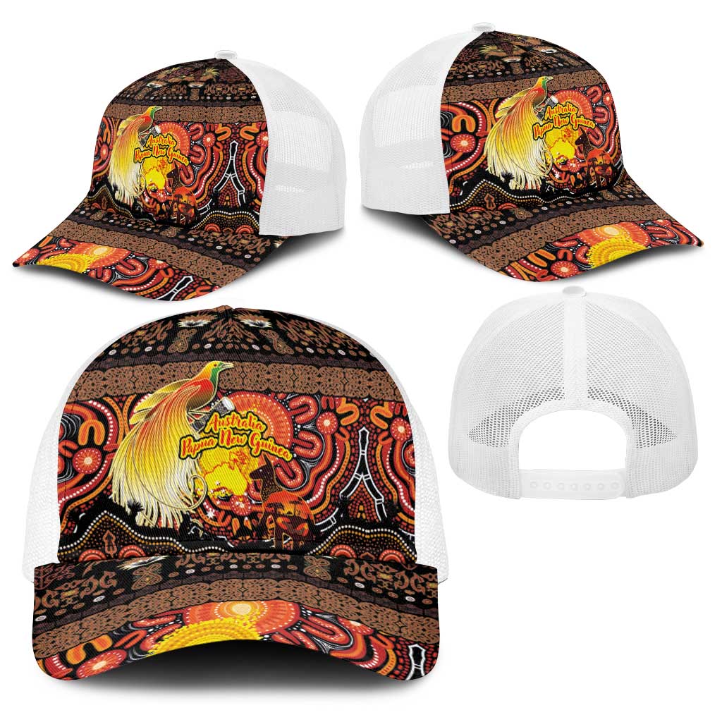 Australia and Papua New Guinea Together Baseball Net Cap Kangaroo Aboriginal Art and Bird-of-paradise with Oro Tribal Motifs LT03 - Polynesian Pride