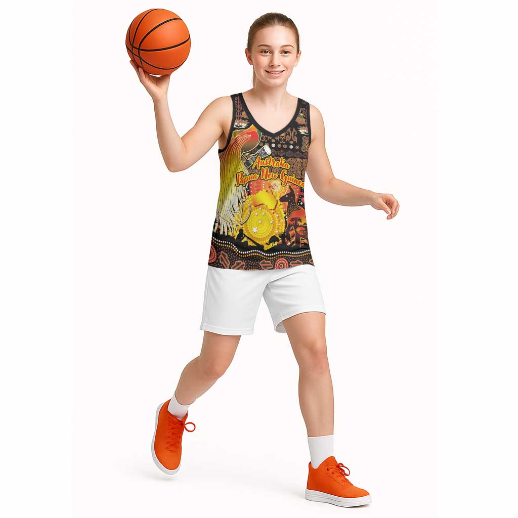 Personalized Australia and Papua New Guinea Together Basketball Jersey Kangaroo Aboriginal Art and Bird-of-paradise Oro Tribal Motifs LT03 - Polynesian Pride