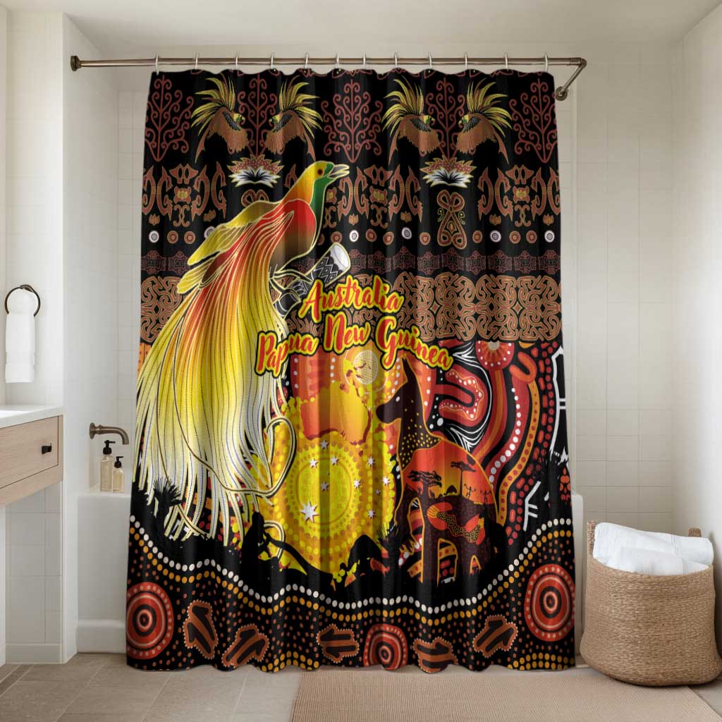 Australia and Papua New Guinea Together Bathroom Set Kangaroo Aboriginal Art and Bird-of-paradise Oro Tribal Motifs LT03 Shower Curtain Only Black - Polynesian Pride