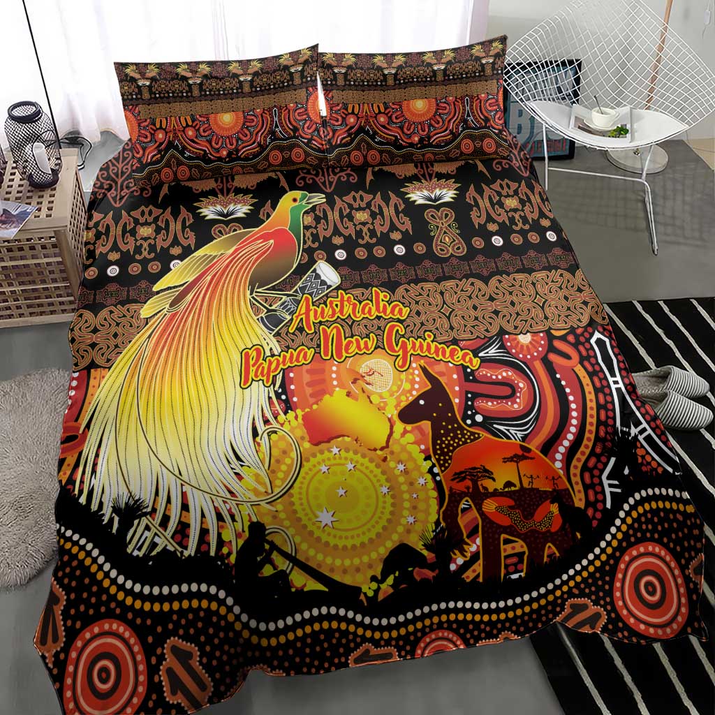 Australia and Papua New Guinea Together Bedding Set Kangaroo Aboriginal Art and Bird-of-paradise Oro Tribal Motifs LT03 - Polynesian Pride