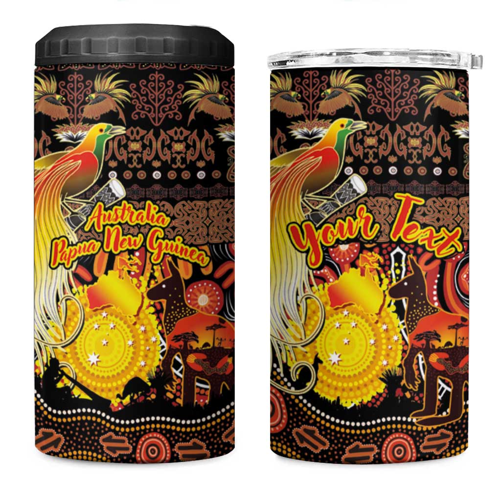 Personalized Australia and Papua New Guinea Together 4 in 1 Can Cooler Tumbler Kangaroo Aboriginal Art and Bird-of-paradise Oro Tribal Motifs LT03 One Size: 16 oz Black - Polynesian Pride