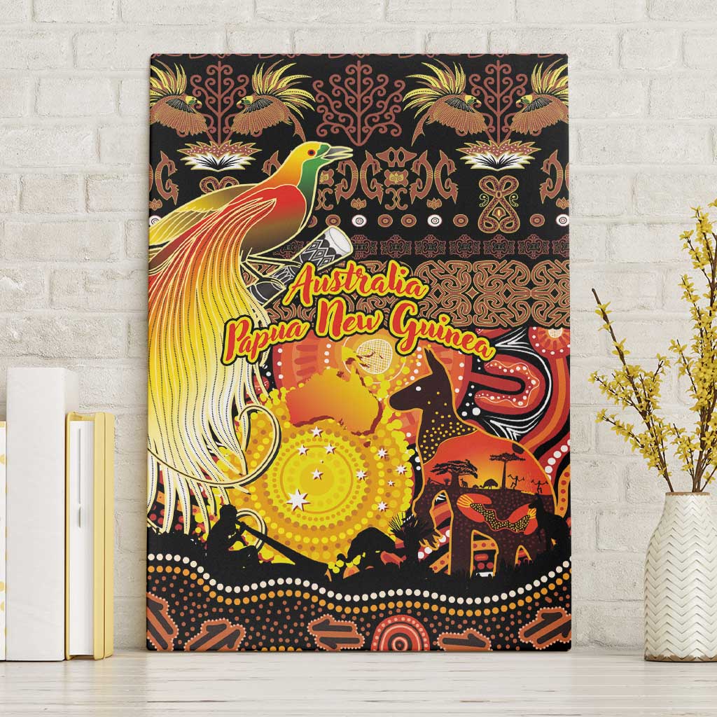 Australia and Papua New Guinea Together Canvas Wall Art Kangaroo Aboriginal Art and Bird-of-paradise Oro Tribal Motifs LT03 Without Frame Black - Polynesian Pride