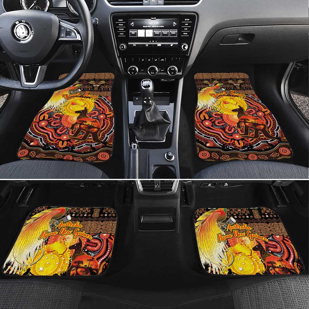 Personalized Australia and Papua New Guinea Together Car Mats Kangaroo Aboriginal Art and Bird-of-paradise Oro Tribal Motifs LT03 Set 4pcs Black - Polynesian Pride