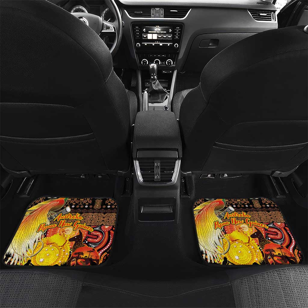 Personalized Australia and Papua New Guinea Together Car Mats Kangaroo Aboriginal Art and Bird-of-paradise Oro Tribal Motifs LT03 Set 2pcs - Back Black - Polynesian Pride