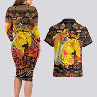 Personalized Australia and Papua New Guinea Together Couples Matching Long Sleeve Bodycon Dress and Hawaiian Shirt Kangaroo Aboriginal Art and Bird-of-paradise Oro Tribal Motifs LT03 - Polynesian Pride