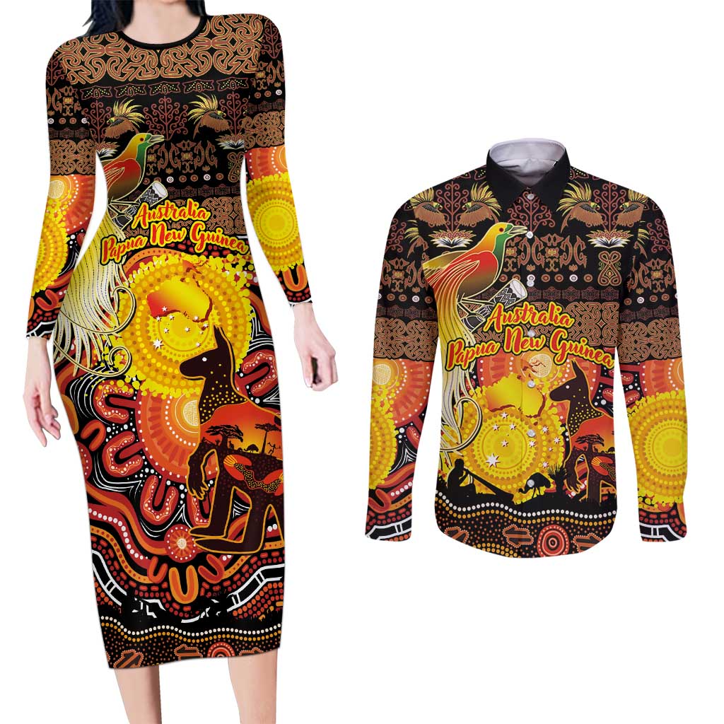 Personalized Australia and Papua New Guinea Together Couples Matching Long Sleeve Bodycon Dress and Long Sleeve Button Shirt Kangaroo Aboriginal Art and Bird-of-paradise Oro Tribal Motifs LT03 Black - Polynesian Pride