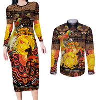 Personalized Australia and Papua New Guinea Together Couples Matching Long Sleeve Bodycon Dress and Long Sleeve Button Shirt Kangaroo Aboriginal Art and Bird-of-paradise Oro Tribal Motifs LT03 Black - Polynesian Pride