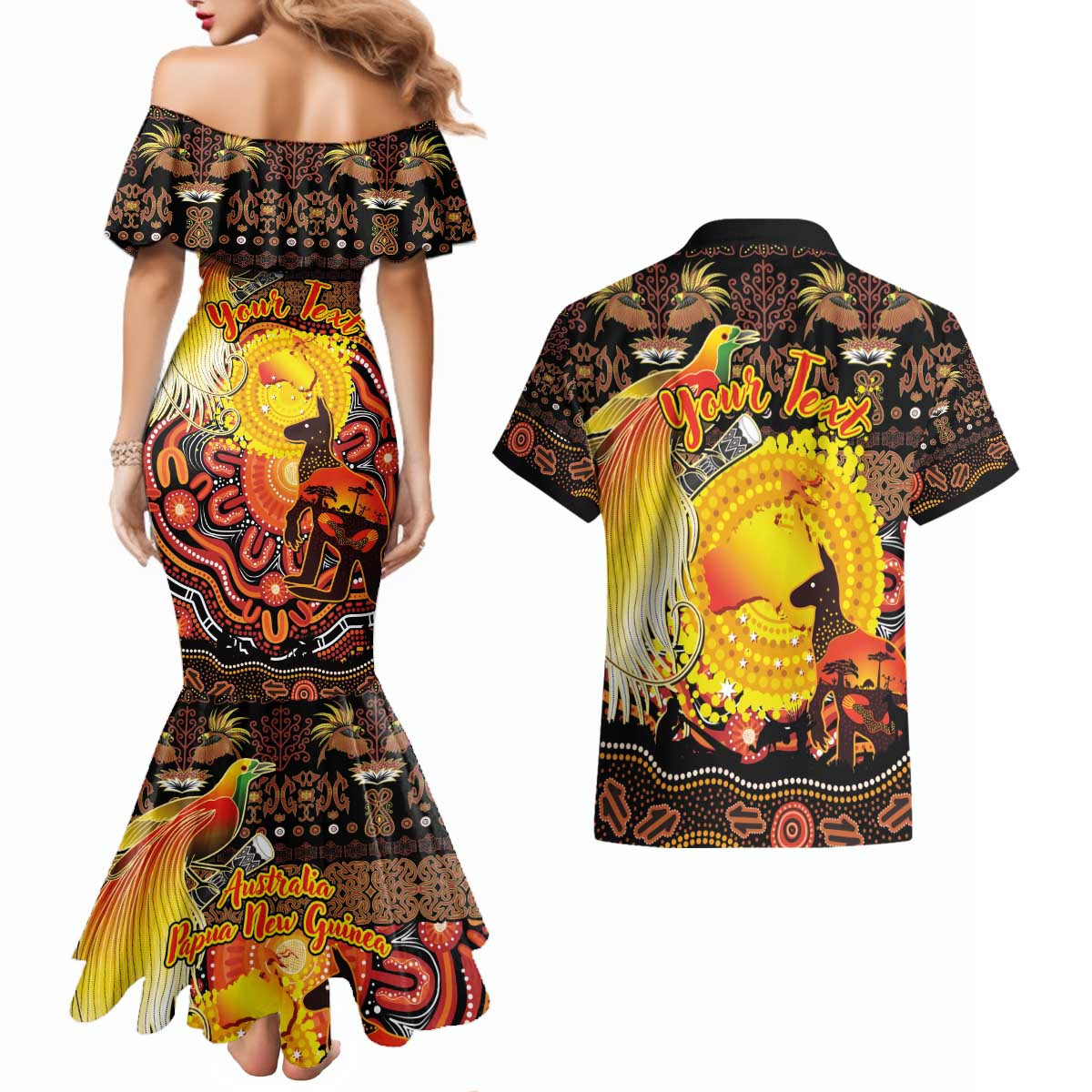 Personalized Australia and Papua New Guinea Together Couples Matching Mermaid Dress and Hawaiian Shirt Kangaroo Aboriginal Art and Bird-of-paradise Oro Tribal Motifs LT03 - Polynesian Pride