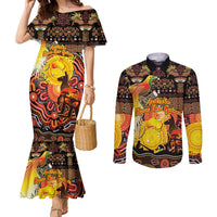 Personalized Australia and Papua New Guinea Together Couples Matching Mermaid Dress and Long Sleeve Button Shirt Kangaroo Aboriginal Art and Bird-of-paradise Oro Tribal Motifs LT03 Black - Polynesian Pride