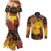 Personalized Australia and Papua New Guinea Together Couples Matching Mermaid Dress and Long Sleeve Button Shirt Kangaroo Aboriginal Art and Bird-of-paradise Oro Tribal Motifs LT03 - Polynesian Pride
