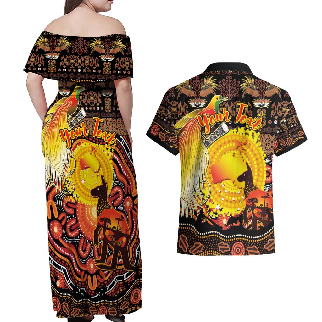 Personalized Australia and Papua New Guinea Together Couples Matching Off Shoulder Maxi Dress and Hawaiian Shirt Kangaroo Aboriginal Art and Bird-of-paradise Oro Tribal Motifs LT03 - Polynesian Pride
