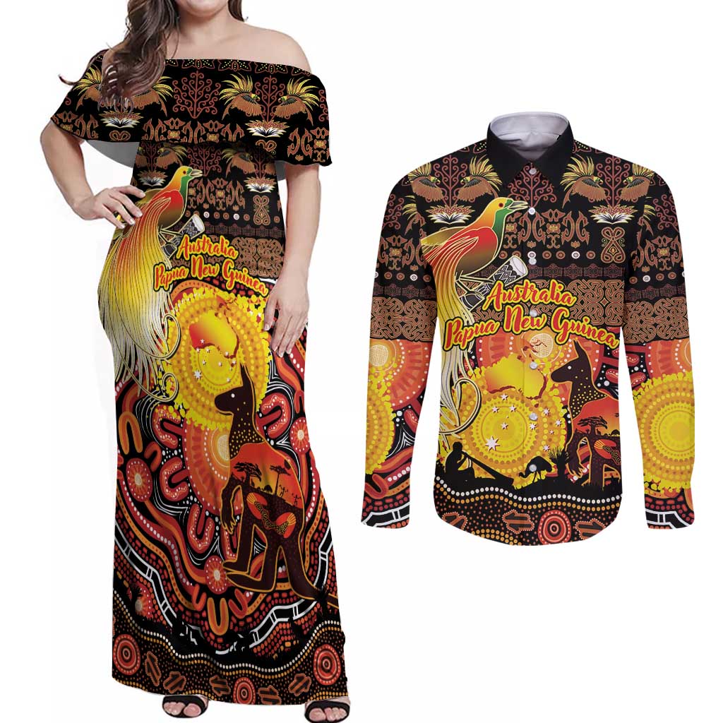 Personalized Australia and Papua New Guinea Together Couples Matching Off Shoulder Maxi Dress and Long Sleeve Button Shirt Kangaroo Aboriginal Art and Bird-of-paradise Oro Tribal Motifs LT03 Black - Polynesian Pride