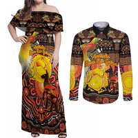 Personalized Australia and Papua New Guinea Together Couples Matching Off Shoulder Maxi Dress and Long Sleeve Button Shirt Kangaroo Aboriginal Art and Bird-of-paradise Oro Tribal Motifs LT03 Black - Polynesian Pride
