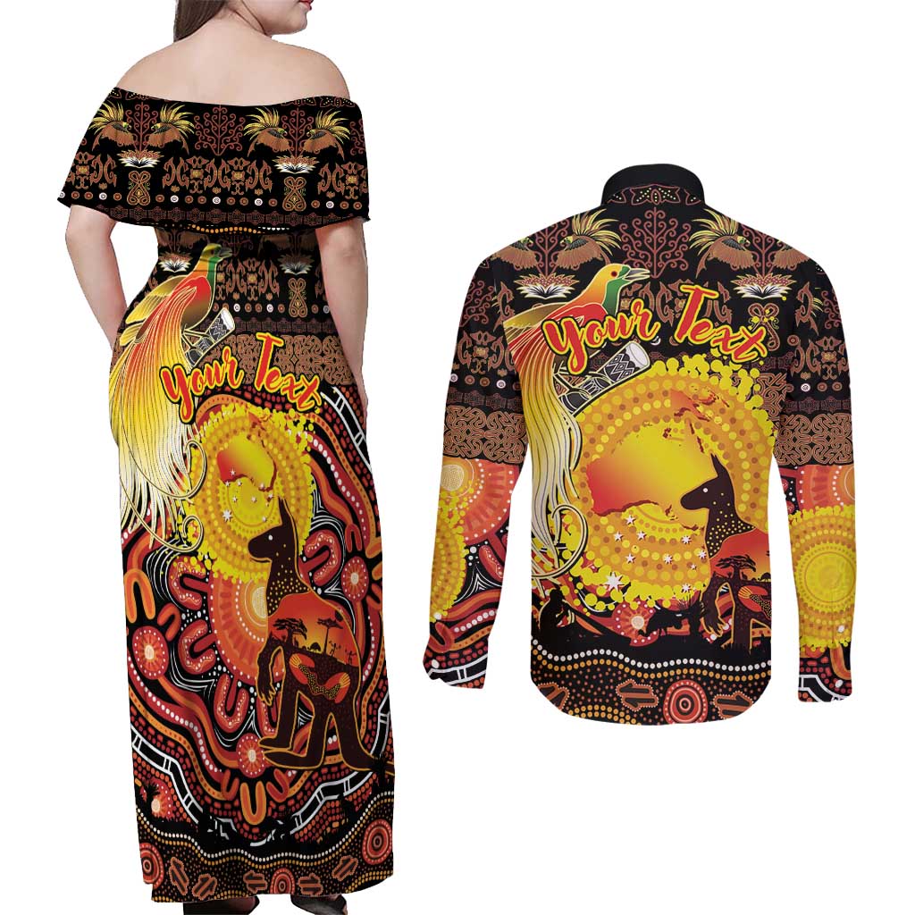 Personalized Australia and Papua New Guinea Together Couples Matching Off Shoulder Maxi Dress and Long Sleeve Button Shirt Kangaroo Aboriginal Art and Bird-of-paradise Oro Tribal Motifs LT03 - Polynesian Pride