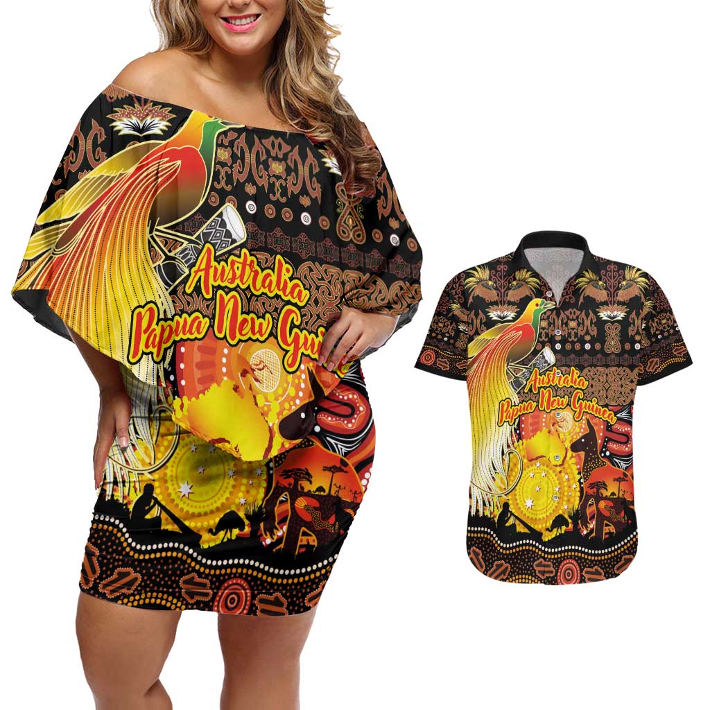 Personalized Australia and Papua New Guinea Together Couples Matching Off Shoulder Short Dress and Hawaiian Shirt Kangaroo Aboriginal Art and Bird-of-paradise Oro Tribal Motifs LT03 Black - Polynesian Pride