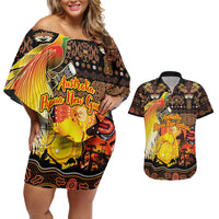Personalized Australia and Papua New Guinea Together Couples Matching Off Shoulder Short Dress and Hawaiian Shirt Kangaroo Aboriginal Art and Bird-of-paradise Oro Tribal Motifs LT03 Black - Polynesian Pride
