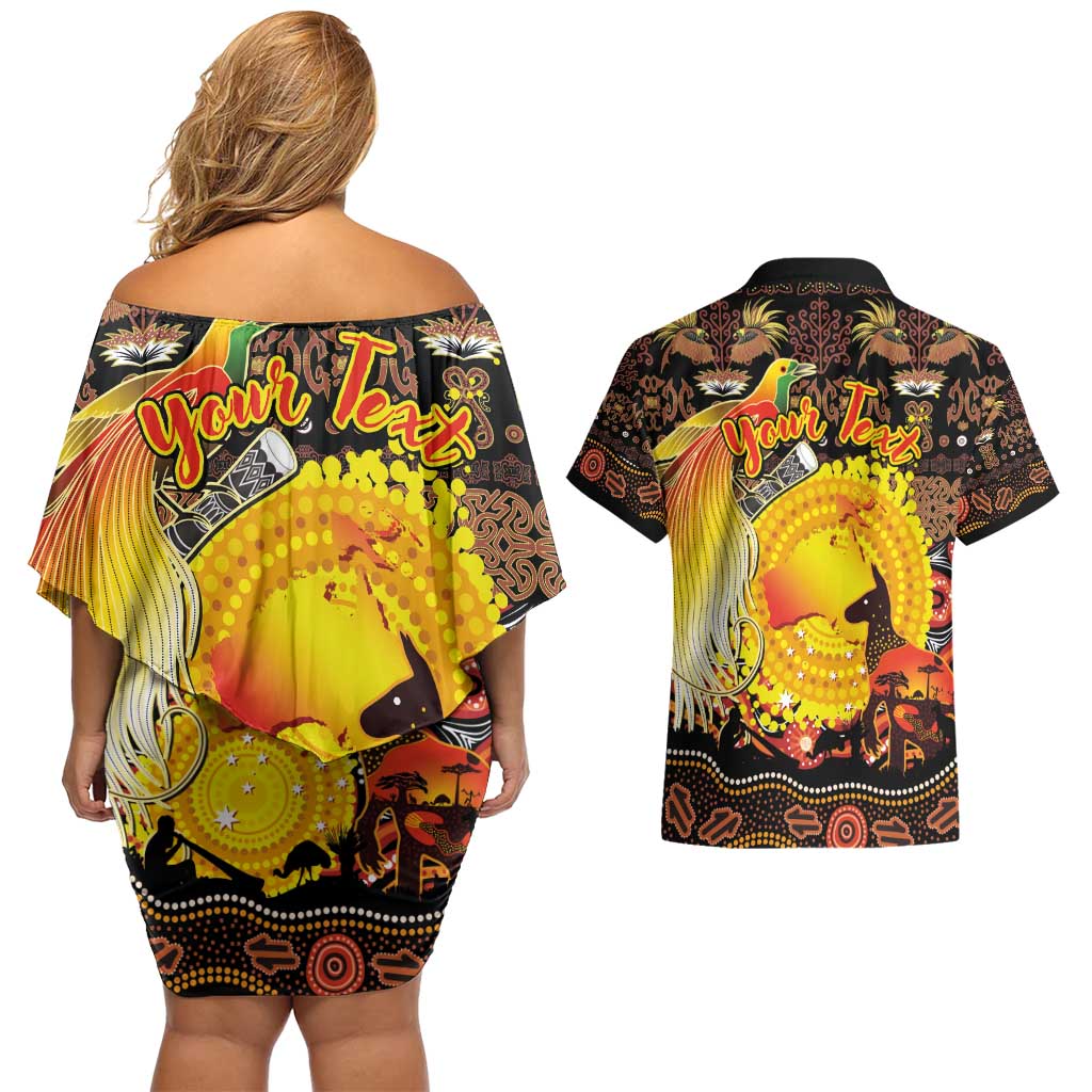 Personalized Australia and Papua New Guinea Together Couples Matching Off Shoulder Short Dress and Hawaiian Shirt Kangaroo Aboriginal Art and Bird-of-paradise Oro Tribal Motifs LT03 - Polynesian Pride
