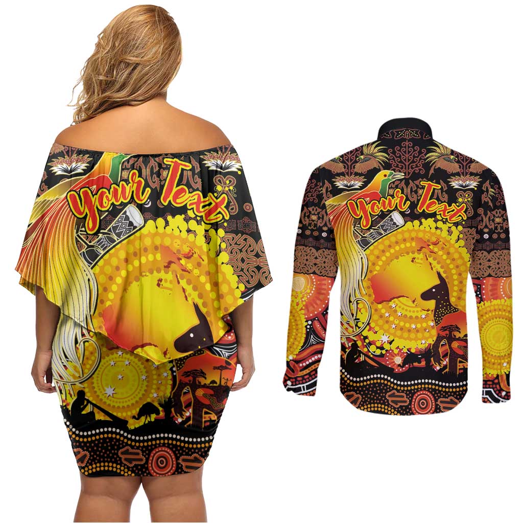 Personalized Australia and Papua New Guinea Together Couples Matching Off Shoulder Short Dress and Long Sleeve Button Shirt Kangaroo Aboriginal Art and Bird-of-paradise Oro Tribal Motifs LT03 - Polynesian Pride