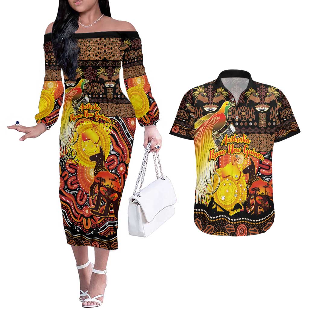Personalized Australia and Papua New Guinea Together Couples Matching Off The Shoulder Long Sleeve Dress and Hawaiian Shirt Kangaroo Aboriginal Art and Bird-of-paradise Oro Tribal Motifs LT03 Black - Polynesian Pride