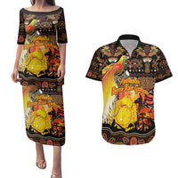 Personalized Australia and Papua New Guinea Together Couples Matching Puletasi and Hawaiian Shirt Kangaroo Aboriginal Art and Bird-of-paradise Oro Tribal Motifs LT03 Black - Polynesian Pride
