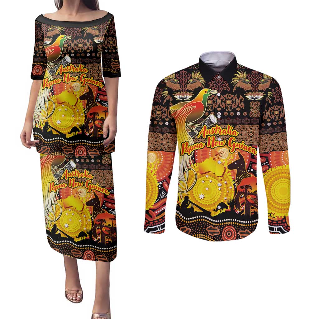 Personalized Australia and Papua New Guinea Together Couples Matching Puletasi and Long Sleeve Button Shirt Kangaroo Aboriginal Art and Bird-of-paradise Oro Tribal Motifs - Polynesian Pride