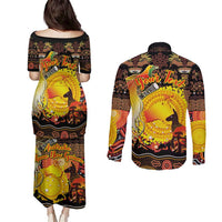 Personalized Australia and Papua New Guinea Together Couples Matching Puletasi and Long Sleeve Button Shirt Kangaroo Aboriginal Art and Bird-of-paradise Oro Tribal Motifs LT03 - Polynesian Pride