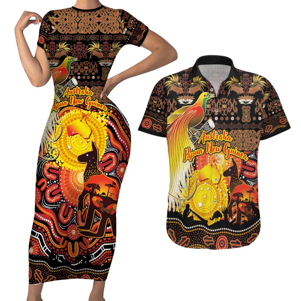 Personalized Australia and Papua New Guinea Together Couples Matching Short Sleeve Bodycon Dress and Hawaiian Shirt Kangaroo Aboriginal Art and Bird-of-paradise Oro Tribal Motifs LT03 Black - Polynesian Pride