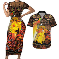 Personalized Australia and Papua New Guinea Together Couples Matching Short Sleeve Bodycon Dress and Hawaiian Shirt Kangaroo Aboriginal Art and Bird-of-paradise Oro Tribal Motifs LT03 Black - Polynesian Pride
