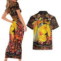Personalized Australia and Papua New Guinea Together Couples Matching Short Sleeve Bodycon Dress and Hawaiian Shirt Kangaroo Aboriginal Art and Bird-of-paradise Oro Tribal Motifs LT03 - Polynesian Pride