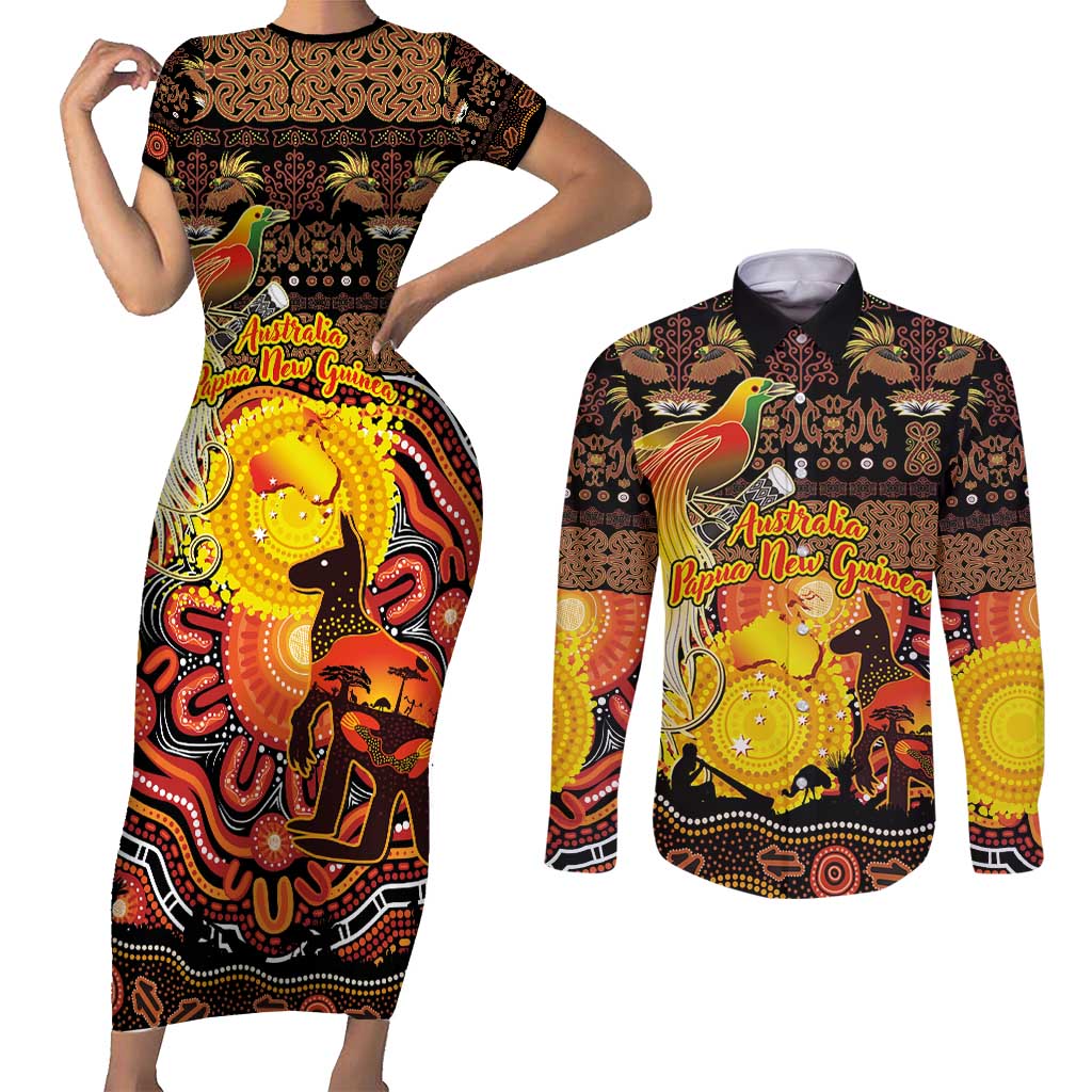 Personalized Australia and Papua New Guinea Together Couples Matching Short Sleeve Bodycon Dress and Long Sleeve Button Shirt Kangaroo Aboriginal Art and Bird-of-paradise Oro Tribal Motifs LT03 Black - Polynesian Pride