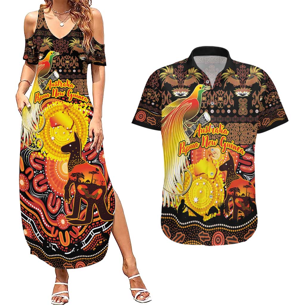 Personalized Australia and Papua New Guinea Together Couples Matching Summer Maxi Dress and Hawaiian Shirt Kangaroo Aboriginal Art and Bird-of-paradise Oro Tribal Motifs LT03 Black - Polynesian Pride