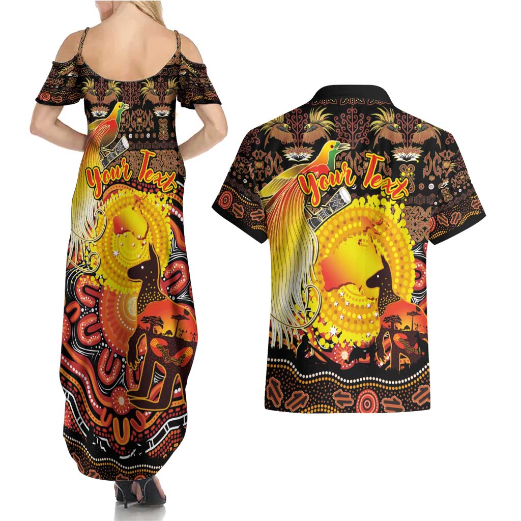 Personalized Australia and Papua New Guinea Together Couples Matching Summer Maxi Dress and Hawaiian Shirt Kangaroo Aboriginal Art and Bird-of-paradise Oro Tribal Motifs LT03 - Polynesian Pride