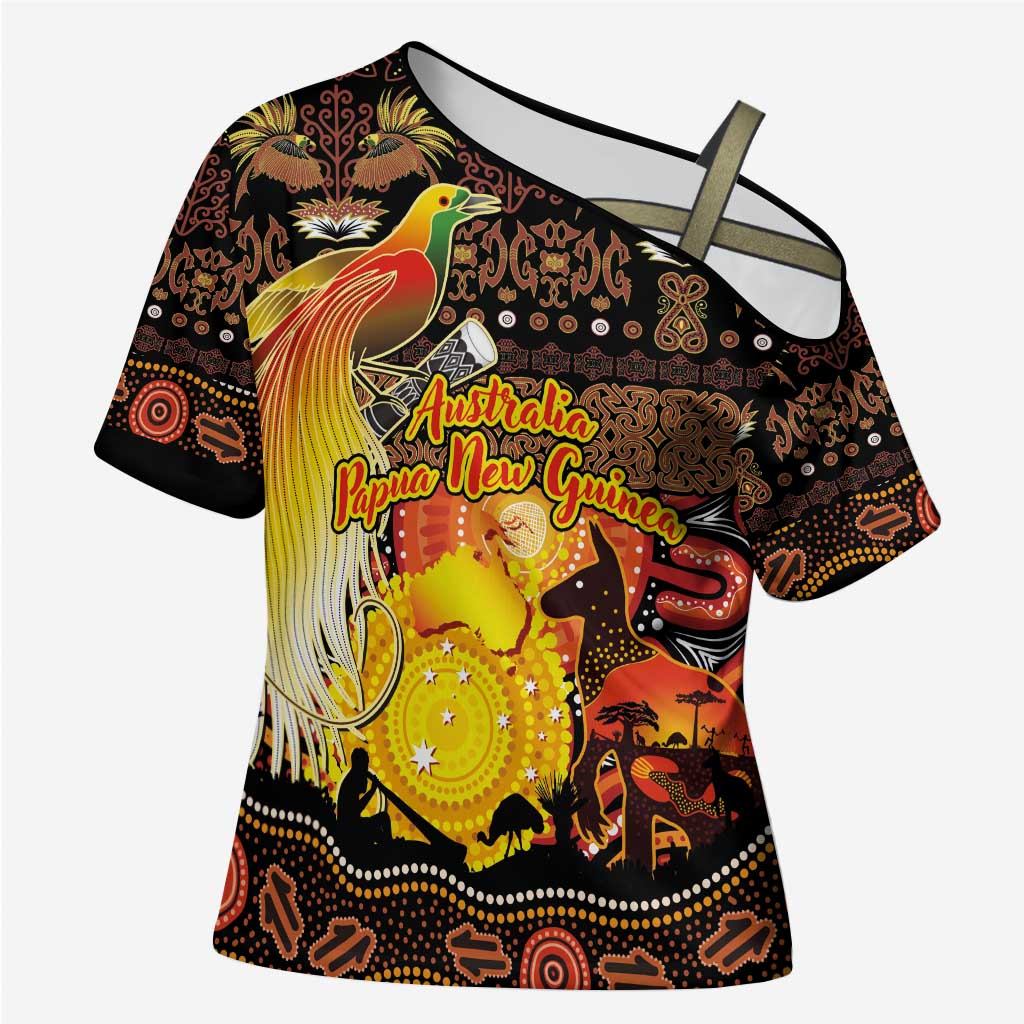 Personalized Australia and Papua New Guinea Together Cross Shoulder Shirt Kangaroo Aboriginal Art and Bird-of-paradise Oro Tribal Motifs LT03 Female Black - Polynesian Pride