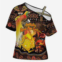 Personalized Australia and Papua New Guinea Together Cross Shoulder Shirt Kangaroo Aboriginal Art and Bird-of-paradise Oro Tribal Motifs LT03 Female Black - Polynesian Pride