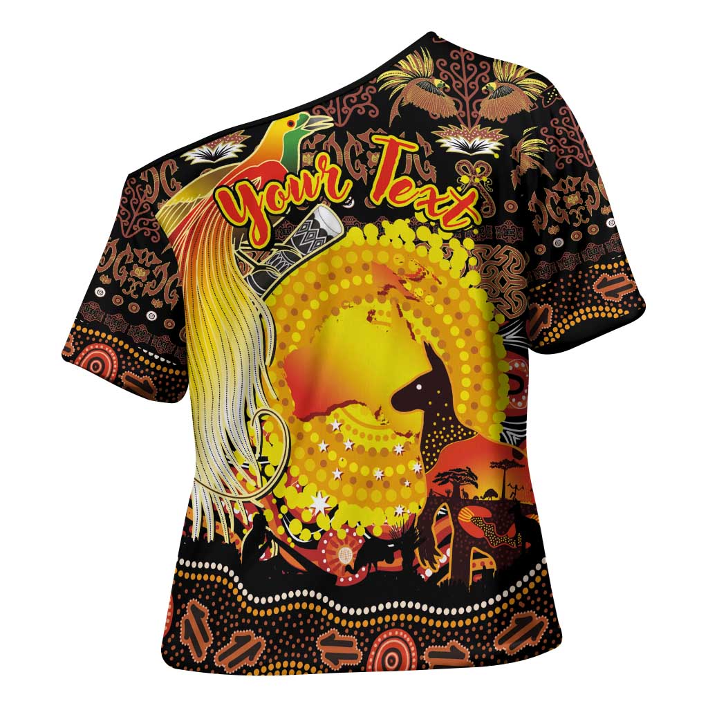 Personalized Australia and Papua New Guinea Together Cross Shoulder Shirt Kangaroo Aboriginal Art and Bird-of-paradise Oro Tribal Motifs LT03 - Polynesian Pride