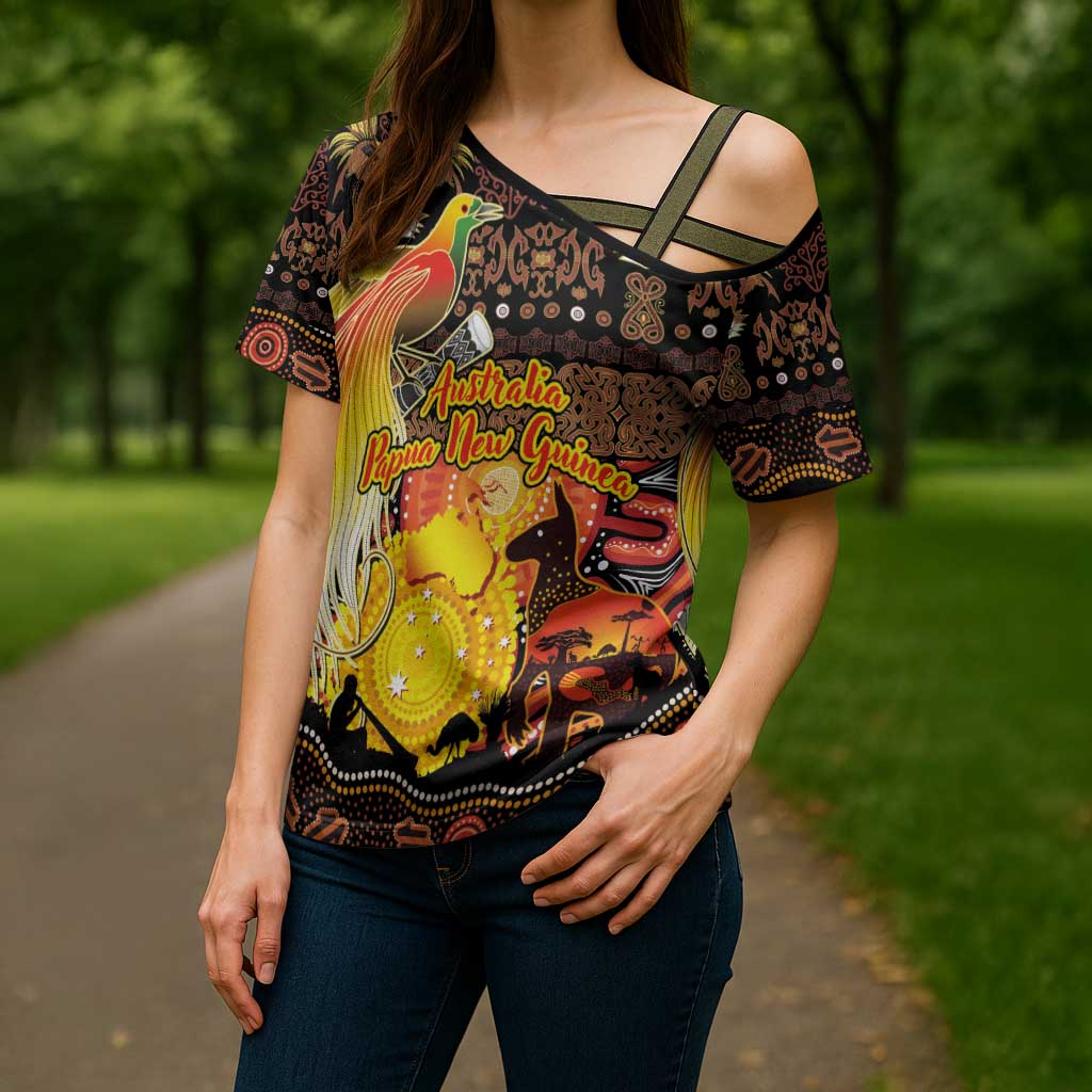 Personalized Australia and Papua New Guinea Together Cross Shoulder Shirt Kangaroo Aboriginal Art and Bird-of-paradise Oro Tribal Motifs LT03 - Polynesian Pride