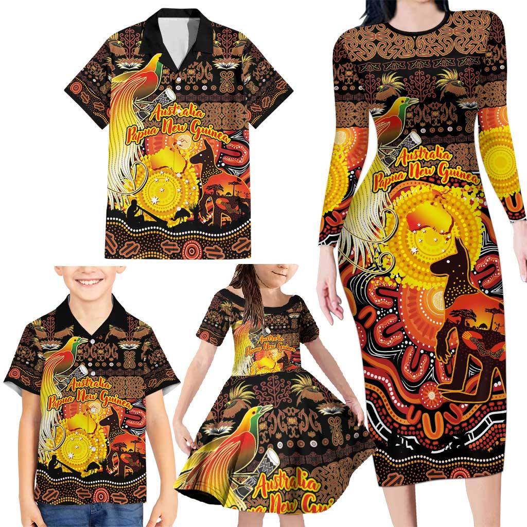 Personalized Australia and Papua New Guinea Together Family Matching Long Sleeve Bodycon Dress and Hawaiian Shirt Kangaroo Aboriginal Art and Bird-of-paradise Oro Tribal Motifs LT03 - Polynesian Pride