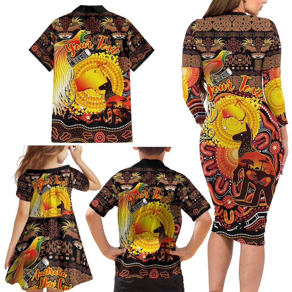 Personalized Australia and Papua New Guinea Together Family Matching Long Sleeve Bodycon Dress and Hawaiian Shirt Kangaroo Aboriginal Art and Bird-of-paradise Oro Tribal Motifs LT03 - Polynesian Pride